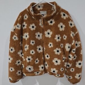 RSQ Sz Large Womens Tan Floral Teddy Jacket